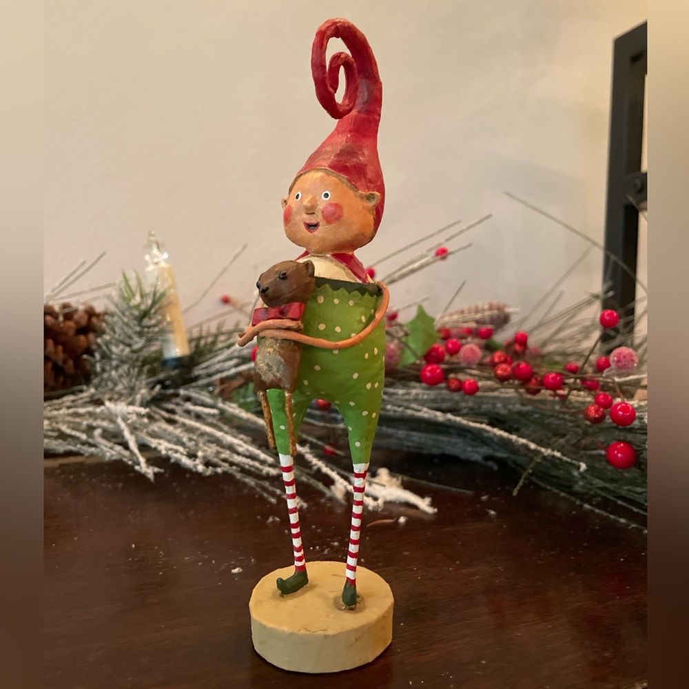 Lori Mitchell Festive Elf Figurine with Red Hat and Green Outfit